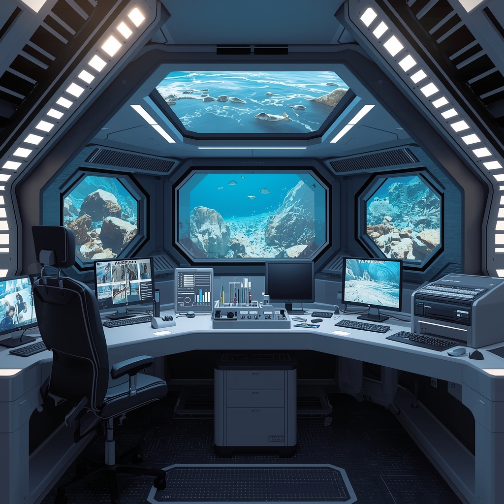 An advanced scientific workstation with holographic ocean floor mapping and high-tech equipment in a deep-sea research vessel, no humans, no women.
